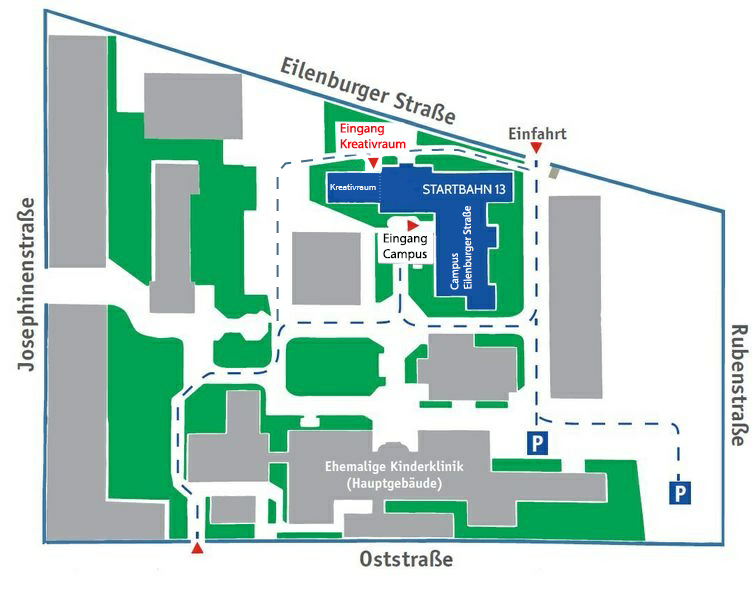 Lageplan des Geländes der Eilenburger Straße mit Verweis auf den Eingang zu Startbahn 13